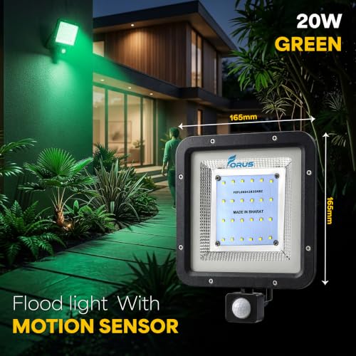Image of Forus 20W LED Flood Light Green with Motion Sensor Auto On Off Day Night Mode Waterproof Outdoor Security Light for Garden Parking Garage Factory Warehouse High Bright Floodlight 4Yr Warranty-1Pc