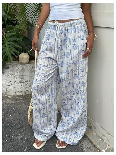MakeMeChic Women's Pants Starfish Wide Leg Elastic Waist Tie Front Drawstring Boho Trousers3