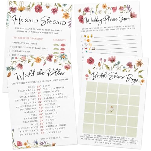 Printed Party Bridal Shower Game Set – 4 Fun Games and Activities for 30 Guests, Includes Bingo, He Said She Said, Bride & Groom Trivia, and Wedding Phrase Guessing Game, Love In Bloom Wildflower Design