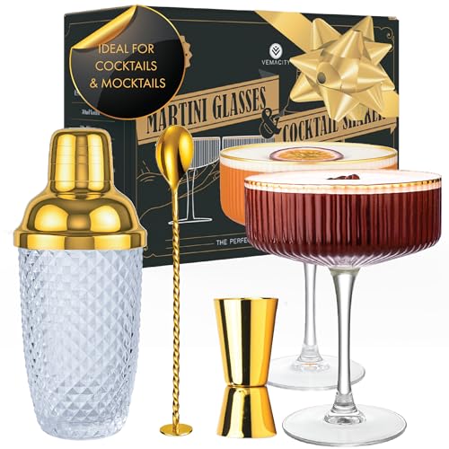 VEMACITY - Luxury Espresso Martini Gifts | Gold Cocktail Shaker Set + 2 Espresso Martini Glasses - Cocktail Kit with Built-in Strainer & Ribbed Martini Glasses (10oz) | Drink Shakers Cocktail