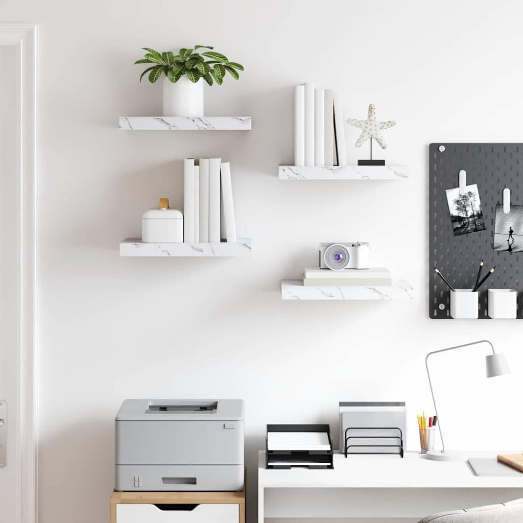 Set di 4 mensole da parete in legno bianco marmo, 40 x 23,5 x 3,8 cm, supporto da parete per libri, decorazione da cucina, bagno