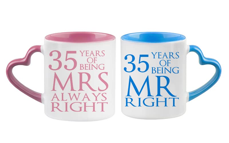 Getagift Coral Mr Right & Mrs Always Right Set of 2 Wedding Anniversary, Valentines Day, Pink and Blue Heart Handle Couple Mug Set. (35 Years)