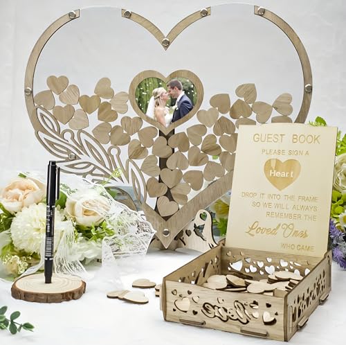Image of Wedding Guest Book Alternative, Rustic Heart Shaped Wooden Guest Book with 100 Wooden Hearts Tree for Wedding Party Birthday, Personalized Wedding Decor with Guest Sign-In Box & Heart Frame for Photo