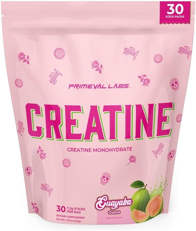 Primeval Labs Clean Creatine Monohydrate Powder | Flavored Powder for Muscle Strength & Recovery | Latin Aqua Fresca Flavors | Workout Supplement for Men & Women | 30 Servings | Guayaba