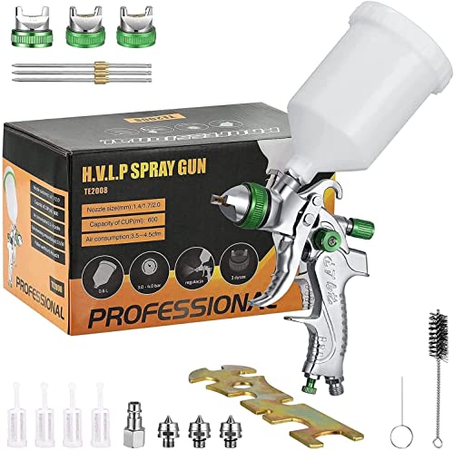 HUKOER HVLP Professionnel Pistolet A Peinture Alimentation par Gravité 3 Buses 1,4mm 1,7mm 2,0mm Coupelle 600cc