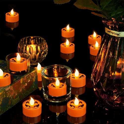 Image of Halloween Tea Lights Candles with 6H Timer, Pumpkin Flameless Candles with Ghost Face Flickering, LED Candles Battery Operated 12 Pack Φ 1.5 inch H 1.4 inch for Fall Halloween Decorations