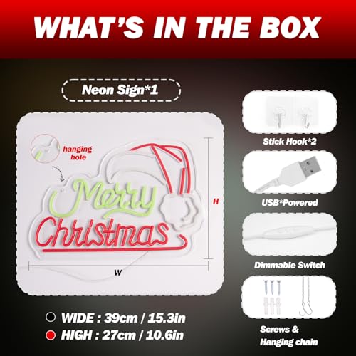Image of Goneons Merry Christmas Neon Sign Dimmable LED Merry Christmas Light Sign for Wall Decor, USB Powered LED Sign with Hat for Indoor Bedroom Windows Party Pub Kids Xmas Day Decor