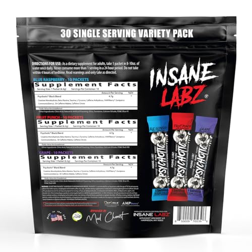 Image of Insane Labz Psychotic Black Edition Mid Stimulant Pre Workout Powder, Energy Focus Pumps, Loaded with Creatine Beta Alanine Taurine Fueled by AMPiberry, Variety 30 Servings