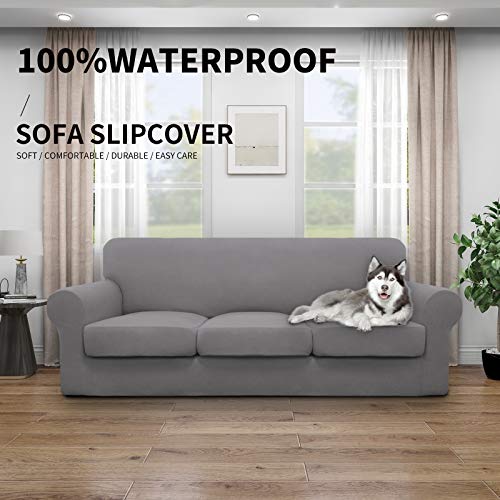 Image of Easy-Going Waterproof 4 Pieces Stretch Couch Cover for 3 Cushion Light Gray