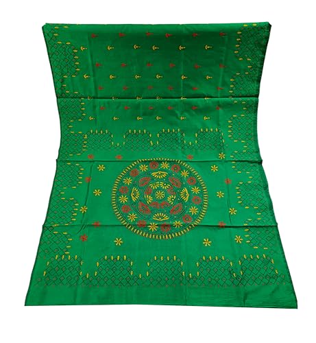 Image of SHRISTI CLOTHINGS Women's Hand Embroidered Cotton Silk Kantha Stitch Saree with Blouse Piece (SB420324 GREEND3)