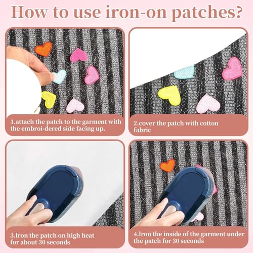 Foyods Parches de corazón para planchar, 60 piezas de parches termoadhesivos para planchar, agujeros para ropa, parches para planchar para ropa, camisetas, coloridos bordados para coser en forma de co
