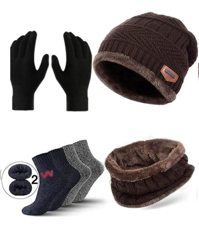Stylish Winter Woolen Beanie Cap Scarf & Gloves Set with Fur Inside | Warm Stretchable Woolen Cap for Men & Women | Soft, Cozy & Thermal Winter Accessories-image-46