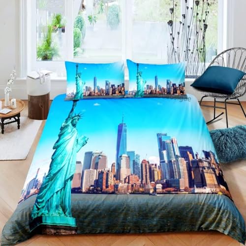 BJCJGGL 掛け布団カバー クイーン 自由の女神像 布団カバー 全開ファスナー 抗菌防臭 防ダニ 通気性 ポリエステル 布団カバー 210x210 cm + 2 枕カバー 43x63 cm