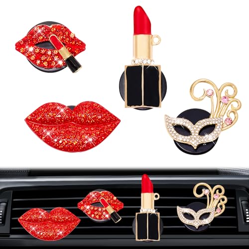 Image of Rislobx 4PCS Bling Car Air Freshener Vent Clip, Crystal Diamond Lips Lipstick Carnival Mask Car Diffuser Vent Clip Cute Car Bling Accessories Decoration for women (Red)