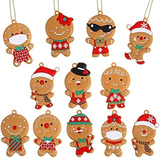 VEYLIN Christmas Gingerbread Ornaments,12 Pack Assorted Ginger Man Clay Figurine with Strings for Xmas Tree Decorations
