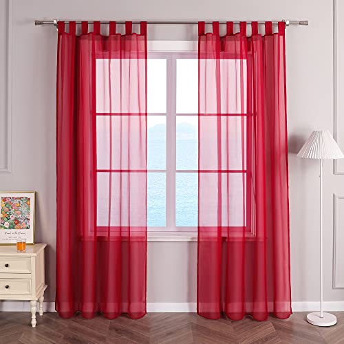 ESLIR Curtains with Tabs Window Curtain Transparent Tab-Top Voile Red W x H 140 x 225 cm Pack of 1, W 55.1" x L 57.1" (1 Panels)