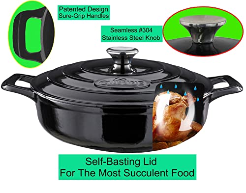 Image of La Cuisine Enameled Cast Iron Braiser Saute Pan Shallow Dutch Oven with Lid Internal Matt Black Enamel Coating 3.75 QT 11 inch / 28cm O, Oven-Safe 550F /276C, For GlassTop, Black