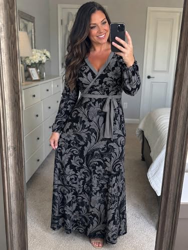Image of PinkPatty Women's Print Maxi Dresses 3 /4 Sleeve Flowy Long Dress V Neck Wrap Tie Waist Sundress