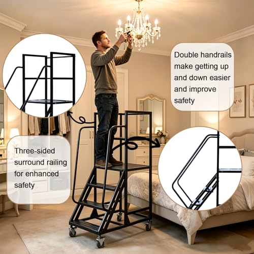 Image of 4 Step Rolling Warehouse Step Ladder, Industrial Mobile Staircase on Wheels, 1100Lbs Weight Capacity, Heavy Duty Mobile Platform Ladder with Handrails, Suitable for Warehouse, Library (Black, 4 steps)