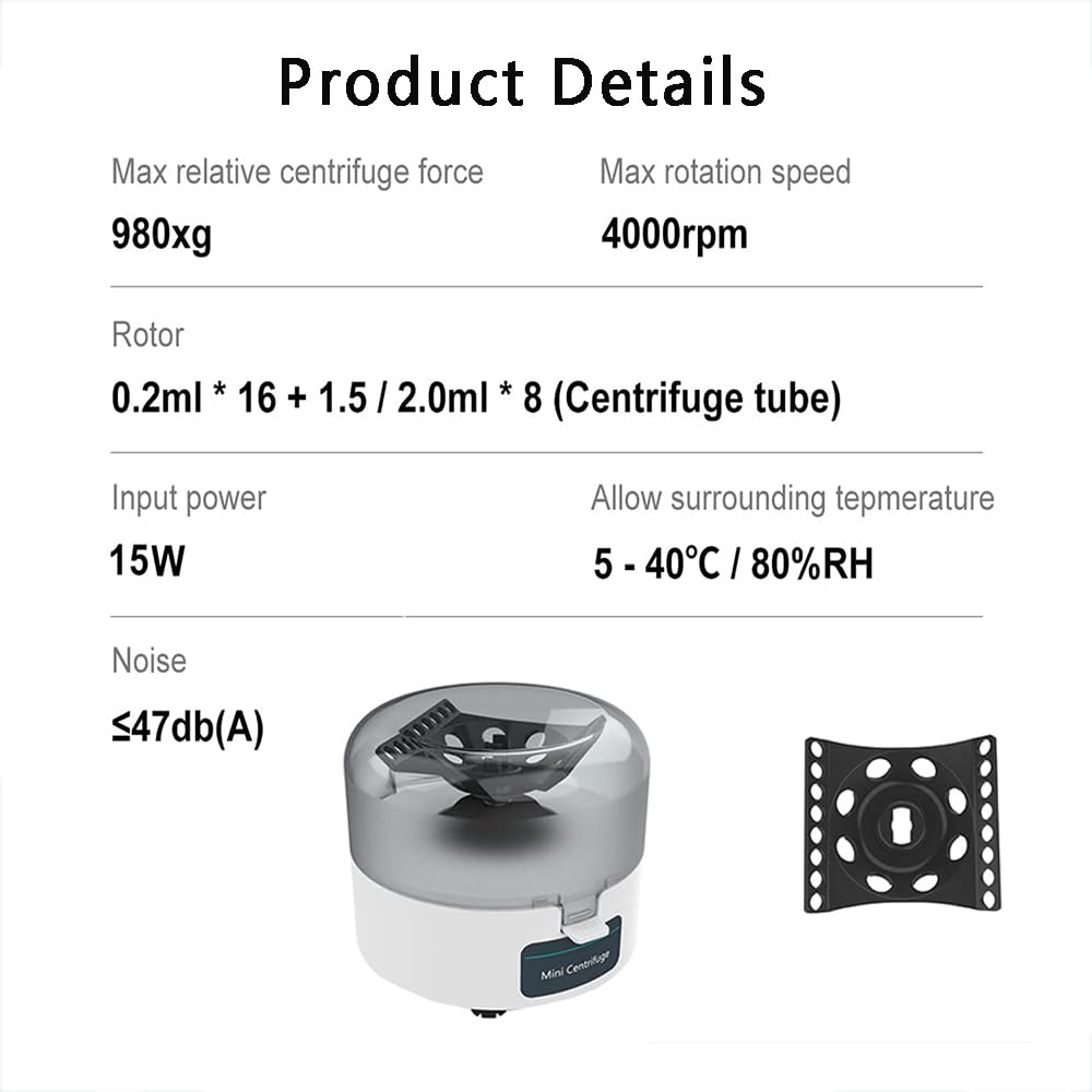 Mini Máquina Centrífuga, Máquina Microcentrífuga De 0,2 Ml/1,5 Ml/2 Ml, Con Rotor 2 En 1, Velocidad Máxima 4000 RPM, Fuerza Centrífuga Relativa 980 Xg, Para Separación De Muestras De Laboratorio
