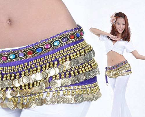 Image of VRITRAZ Women's Chiffon Belly Dance Hip Scarf Waistband Belt Skirt Mixed Colors Beads and Golded Coins 56 Black