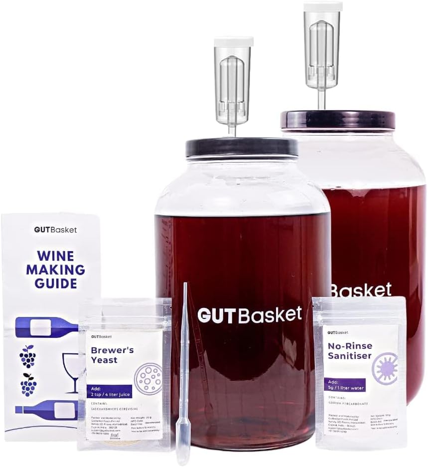 Gutbasket Wine Making Kit - Wine Supplies for 40L Wine, Fermentation Jar 4 L, Wine Yeast, Airlock and No Rinse Sanitiser- Complete DIY Home Brew Kit (2 Jar Set)