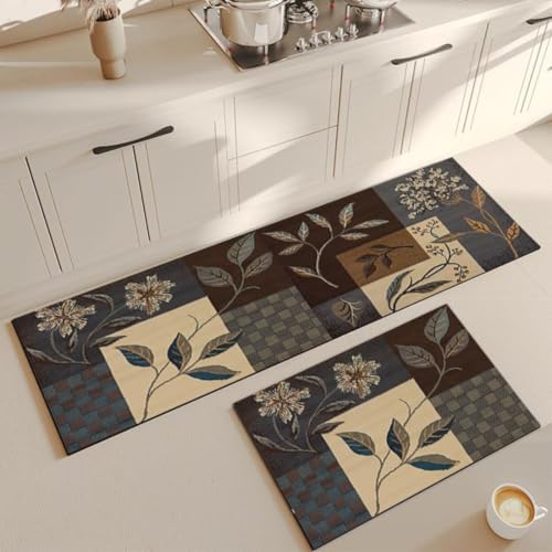 Image of Kitchen Anti Slip Mat for Floor, Waterproof Washable Kitchen Mats, Non Slip Kitchen Floor Mats for Home, Soft Mats for Kitchen, Kitchen Mats for Floor Anti Slip (Checks Leave)