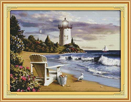 Happy Forever Cross Stitch Kits 11CT Stamped Patterns for Kids and Adults, Preprinted Embroidery kit for Beginner, Seaside Landscape (F404 Lighthouse Beach, Size 27''x21'')