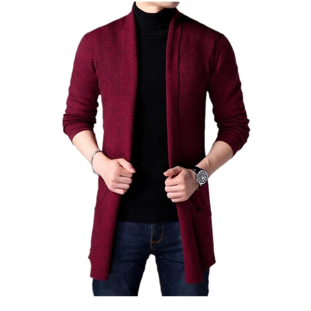 Wekumgy Men's Shawl Collar Cardigan Long Sweater Open Front Knit Comfort Sweater Casual Pocket Warm Sweaters Wine
