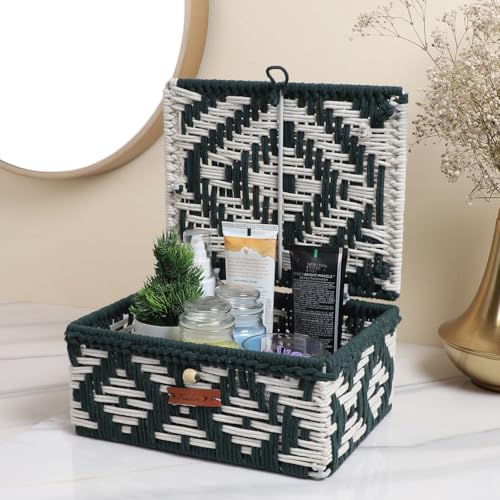 Image of Kaahira Handmade Decorative Storage Box and Organiser | Macrame Gift Hamper Box for Cosmetics, Toiletries & Return Gifts | Aesthetic Rope Woven Organizer (Green and White, Small - 9x6x4 inches)