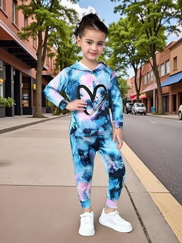 Toddler Baby Girls Clothes Long-sleeve Tie Dye Hoodie Pullover and Sweatpants Heart Print Hooded Outfits Set3