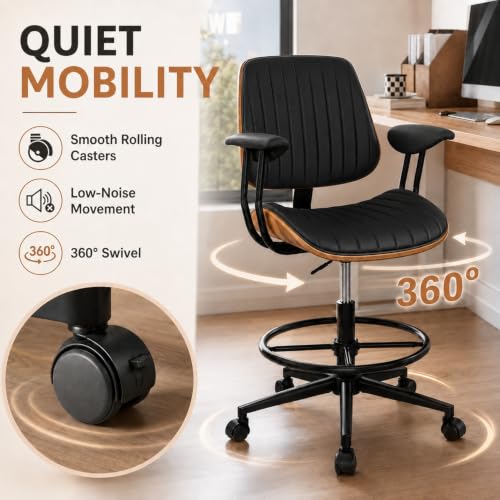 Image of Drafting Chair for Standing Desk, Arms Tall Office Chair with Bentwood Backrest, Adjustable Height, Footrest Ring and Swivel Seat, PU Leather (Black)
