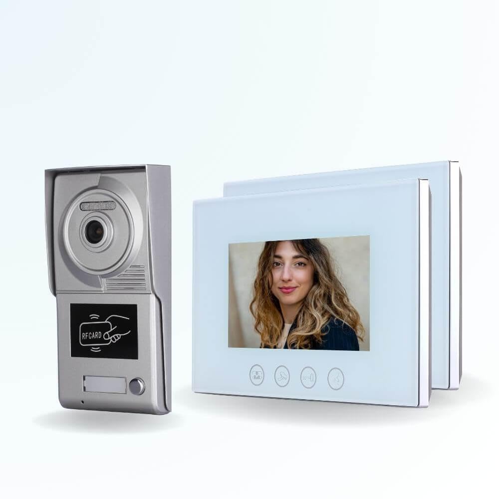 Portier interphone vidéo Classic 4 Fils - 1 Appartement - 2 écrans Blancs 7" - avec mémoire Photos - avec Lecteur de Badge