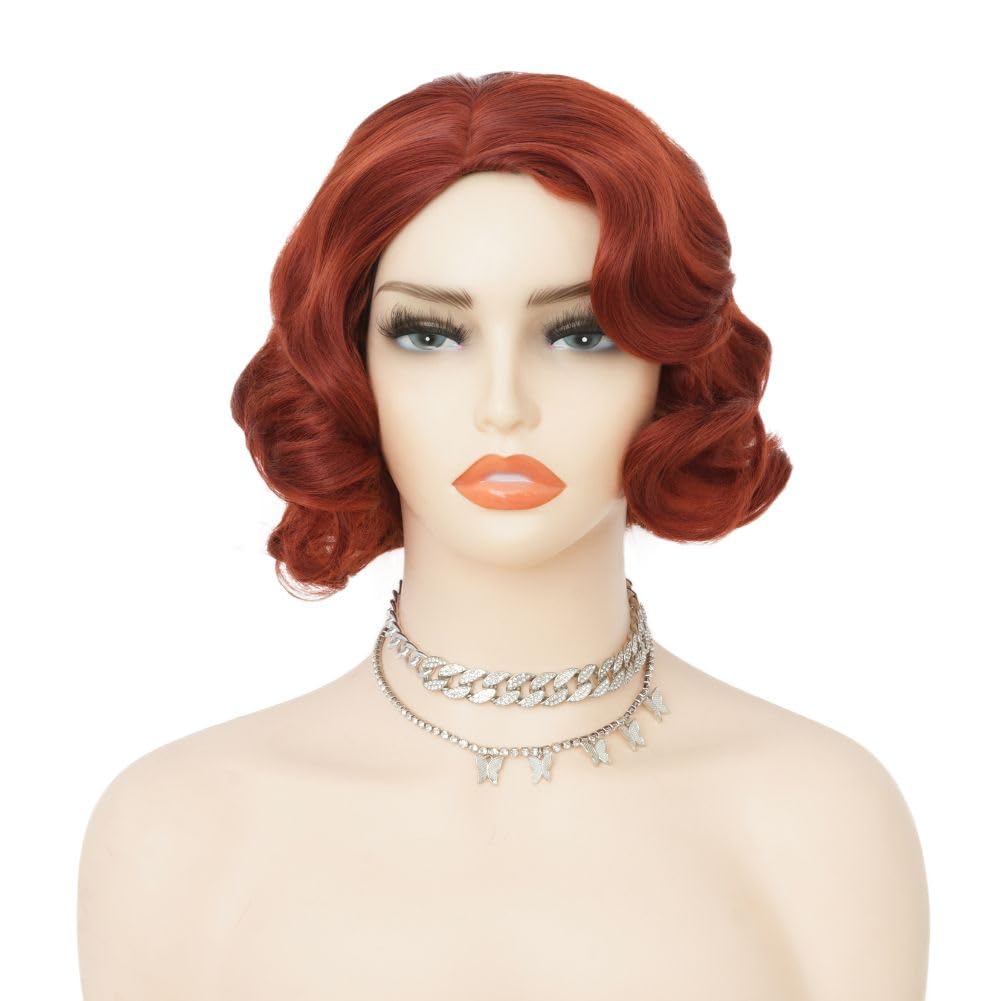 Salaibs Red Short Curly Wigs for Women Brownish Red 1920s Finger Wave Wig Synthetic Fiber 30s Disco Costume Hair Wig for Cosplay Halloween Use - Image 2