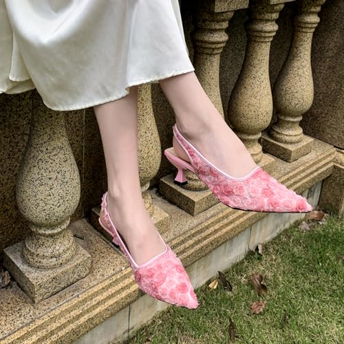 Elegant Lace Kitten Heels for Women - Slingback Pointed Toe Floral Mesh Dress Shoes - Low Heel Formal Wedding Guest Party Sandals3