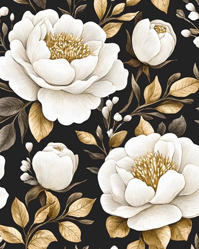 Laatse Vintage Floral Wallpaper Peel and Stick, Black Gold/White Large Flower Contact Paper, Dark Golden Wall Paper Self Adhesive Removable Waterproof for Room Cabinet Drawer Table Decor 17.5