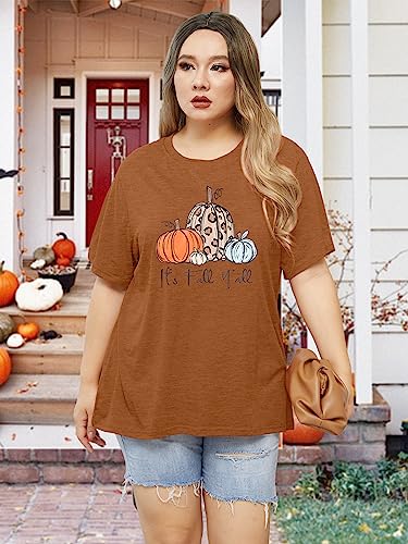 Plus Size Halloween Pumpkin Shirt Women Its Fall Yall Print Short Sleeve Thanksgiving Gift Tee Tops(1X-5X)2