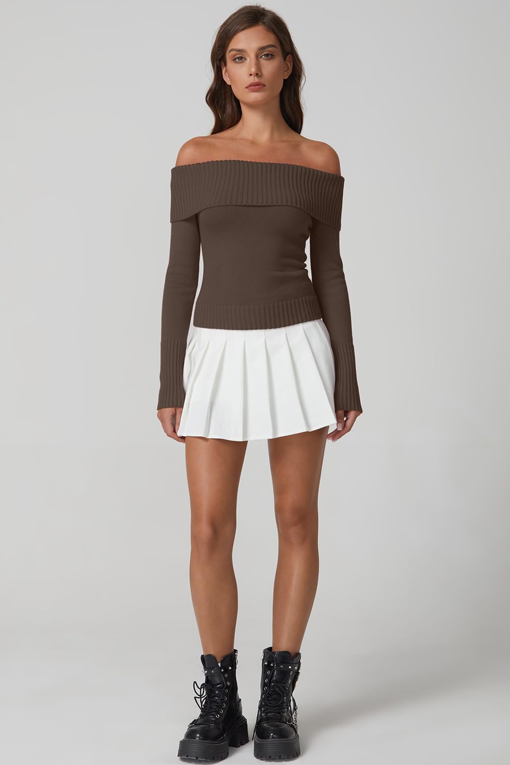 QINSEN Cotton Off The Shoulder Sweater for Women Long Sleeve Ribbed Knit Pullover Sweater Slim Fit Going Out Tops - Image 5