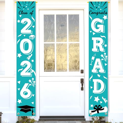 Image of Graduation Porch Banner Class Sign Congrats Grad Hanging Flags High School College University Party Decoration For Front Door Outdoor Teal