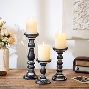Romadedi Wood Candle Holders for Pillar Candles - Set of 3 Tall Farmhouse Wooden Candlestick Holder, Rustic Candle Stand for Fireplace Mantle Shelf Table Home Decor, Black 6"/ 8.3"/11.8" Romadedi Wood Candle Holders for Pillar Candles Set of 3 Tall Farmhouse Wooden Candlestick Holder Rustic Candle Stand for Fireplace Mantle Shelf Table Home Decor Black 6 83118