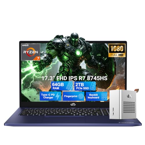 Image of NIMO 17.3 inch Light-Gaming-Laptop, AMD Ryzen 7 8745HS 64GB DDR5 2TB SSD Radeon 780M, Fingerprint FHD PC w /eGPU Dock with RX 7600M XT 8GB GDDR6 for Video Editing, AI Tasks, Remote Streaming, 2-Yr Warranty