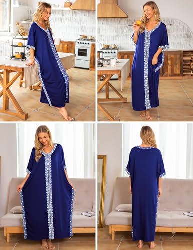 Image of Bloggerlove Women Nightgowns Cotton Caftan House Dress Short Sleeve Sleepwear Vacation Beach Moo Moos Dress with Pockets
