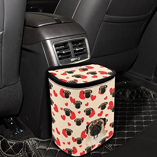 Image of Talayituse Pug Dog Pattern Car Trash Can, Portable Auto Garbage Bin Multifunctional Vehicle Interior Accessories with Adjustable Straps Universal Fit Truck SUV Sedan
