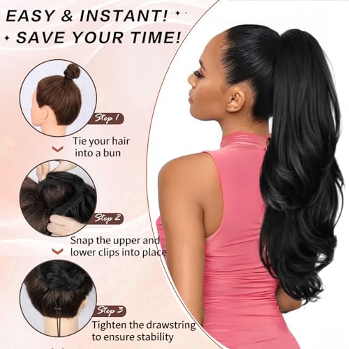 Chrshn Ponytail Extension, 26 Inch Drawstring Ponytail Extension For Women Long Black Wavy Layered Pony Tails Hair Extensions Synthetic Clip In Ponytail Hairpiece For Women thumb #5