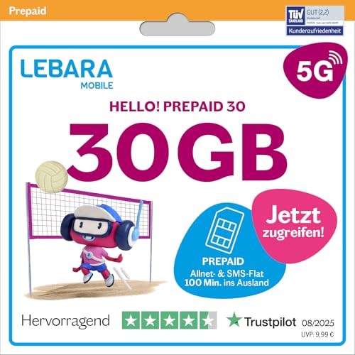 LEBARA Prepaid SIM-Karte mit Hello! 30 Prepaid Tarif ohne Vertrag | Allnet Flat Telefonie & SMS, 30 GB Datenvolumen inkl. 5G und 100 Frei-Min. ins Ausland LEBARA Prepaid SIM-Karte mit Hello! 30 Prepaid Tarif ohne Vertrag | Allnet Flat Telefonie & SMS, 30 GB Datenvolumen inkl. 5G und 100 Frei-Min. ins Ausland