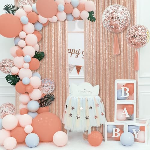 Image of Rose Gold Sequin Backdrop Curtain 6 Pcs 2ftx8ft Wedding Party Backdrop Silver Sparkly Fabric Curtains for Wedding Christmas Party Decor