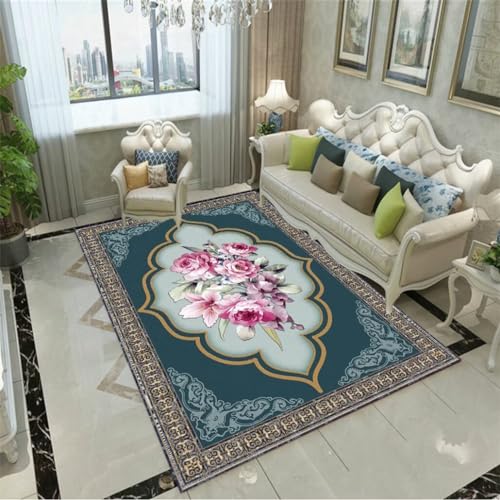 Tapis de salon doux bleu au design floral rétro pour chambre