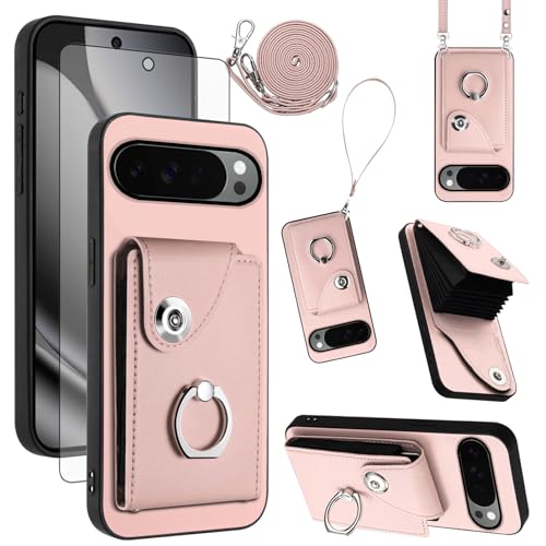 Asuwish Compatible with Google Pixel 10 Pro XL Wallet Case and Tempered Glass Screen Protector Ring Holder Credit Card Slots Stand Cell Accessories Phone Cover for Pixel10 10Pro LX Women Men Pink by Asuwish - Used condition - US$13.37