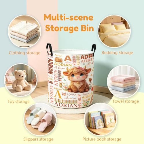 Image of Custom Highland Cow Laundry Hamper, Personalized Laundry Basket with Name, Customized Dirty Clothes Basket for Clothes Toy Bathroom Bedroom Storage,S-16.5 inchX 13.8 inch