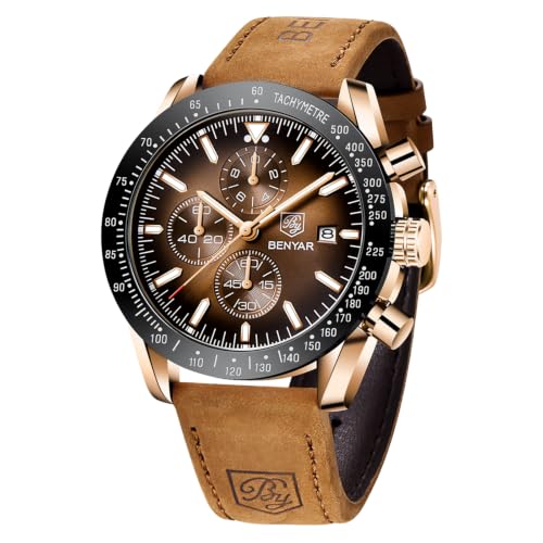 Image of BENYAR Mens Watches Quartz Movement Chronograph Leather Strap Fashion Business Sport Design 30M Waterproof Scratch Resistant Elegant Gifts for Men